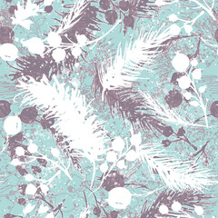 Seamless watercolor Christmas pattern with berries and Winter spruce. Pattern Christmas ornaments from the branches painted with watercolors. Winter Branches of trees. Art watercolor pattern