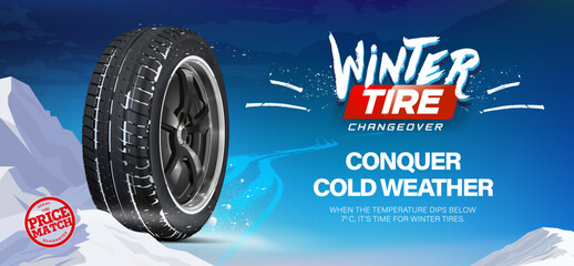Car tires winter background. Tire single in cold color. Change a car wheels from summer for winter. Realistic vector. Information. Store. Action. Landscape poster, digital banner, flyer. Tire in snow. © Strajinsky