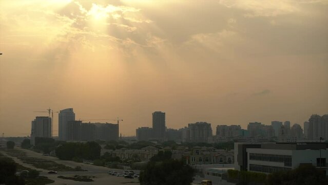  sunset, view of the city and the mosque. dubai suburb. High quality FullHD footage