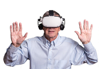 Isolated cybercrime with senior adult being held at ransom while wearing virtual reality headset