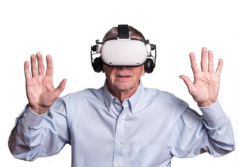 Isolated cybercrime with senior adult being held at ransom while wearing virtual reality headset