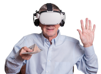 Isolated cybercrime with senior adult being held at ransom while wearing virtual reality headset