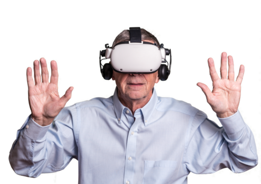Isolated cybercrime with senior adult being held at ransom while wearing virtual reality headset