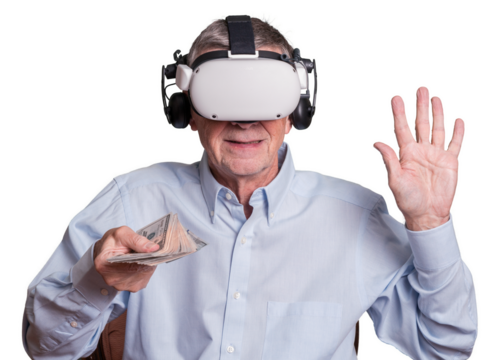 Isolated cybercrime with senior adult being held at ransom while wearing virtual reality headset