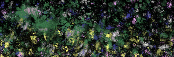 Abstract watercolor background with green, blue and magenta blots and splashes on a black background. Watercolor texture. Illustration.