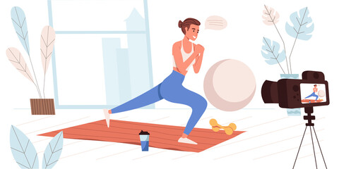 Blogging concept in flat design. Blogger recording workout at home. Fitness trainer doing exercises and streaming in blog. Video content creation, social network people scene.