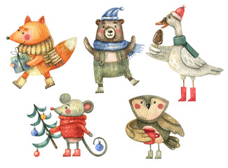 Watercolor cute Christmas animals and birds fox with a gift, a mouse with a Christmas tree, an owl with a cup, a goose with ice cream, a bear