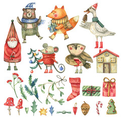 Christmas set with cute gnome elf, animals fox, mouse, owl, bear, goose and new year decor with red house, sock, gifts, fly agaric, mistletoe. watercolor illustration