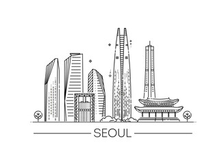 Corea, Seoul line travel skyline set. Vector symbols