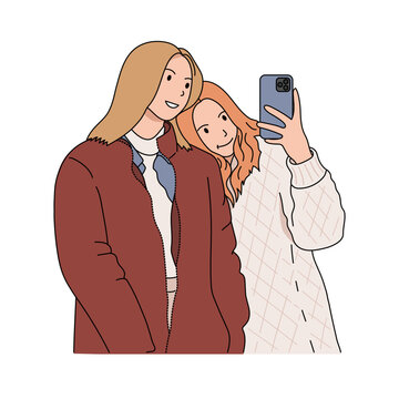 Girls makes selfie in the mirror. Friends or sisters. Women taking picture photo of herself on smartphone. Fashion, Social media concept. Flat outline style. Vector illustration