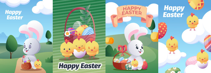 Easter posters. Abstract modern posters with cartoon colorful eggs cute bunnies chicks for spring holiday celebration postcard. Vector background set of easter spring holiday illustration