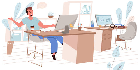 Call center concept in flat design. Operator in headset consults clients and working on computer in office people scene. Technical support consultant answer calls from customers. - obrazy, fototapety, plakaty