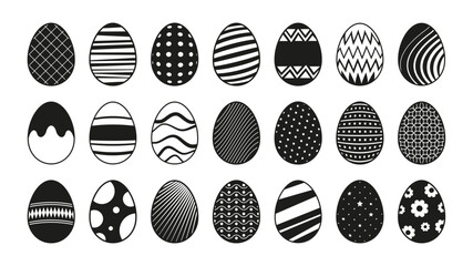 Easter eggs black icons. Abstract decorative elements for traditional spring holiday celebration, flat doodle stencil egghunting decoration. Vector set of spring easter eggs illustration