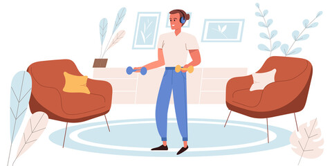 Fitness at home concept in flat design. Happy man doing exercises with dumbbells in living room. Athlete trains and have healthy lifestyle. Wellness and workout people scene.