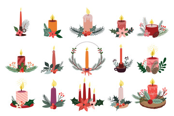 Christmas floral decoration with candles and seasonal flowers and plants, winter design. Hand drawn festive collection of elements
