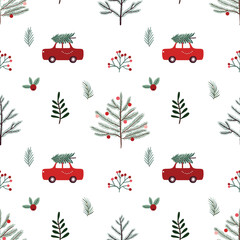 Christmas seamless pattern, wallpaper with seasonal winter design, Christmas tree, simple trendy wrapping paper style