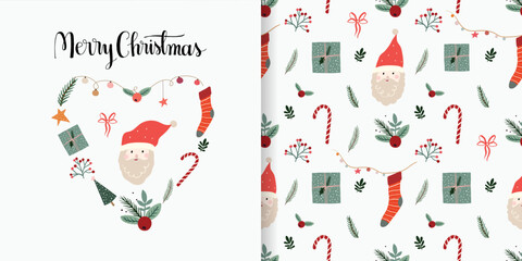 Christmas winter set with seamless pattern and greeting card, cute seasonal elements,background, wallpaper, gift paper, holidays surface design, doodle style