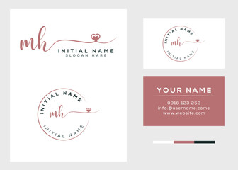 Signature initial mh handwritten heart shape logo with business card template