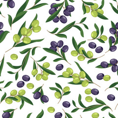 Olive pattern. Seamless background with olives on tree branch, cartoon floral print of mediterranean fruit for wrapping paper, textile, fabric. Vector texture of seamless olive background illustration