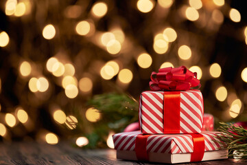 christmas gift boxes on a festive background.