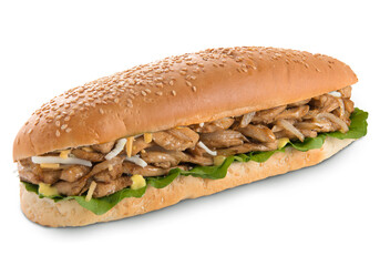 Chicken sandwich with onion, cheese and lettuce