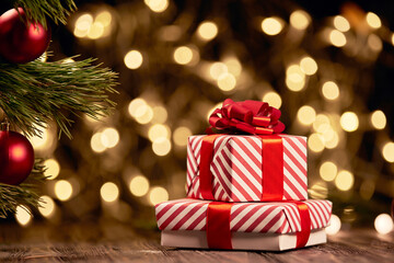 beautiful Christmas boxes on a festive background.