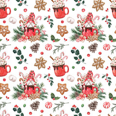 Winter seamless pattern. Christmas watercolor print. Hand-painted red cocoa mug, cute gnome, pine branches on white background.