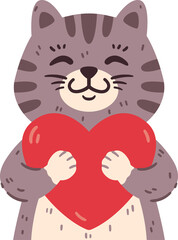 Cute cat holding heart. I meow you greeting card for saint valentine day, 14 February. Sweet domestic animal in love. Illustration isolated on white background. Poster, flyers, invitation.