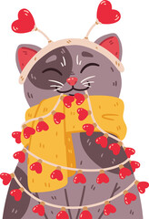 Cat with headband hearts, warm scarf, light bulbs garland. Saint valentine day 14 February greeting card. Cute illustration isolated on background. Romantic poster with domestic kitty.