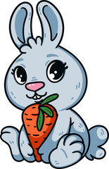 Cute little easter bunny with carrot. Rabbit the symbol of 2023 chinese new year. Hare with big eyes and vegetable. Farm animal illustration isolated white background. Domestic pet cartoon art.