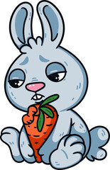 Sad little easter bunny with bitten carrot. Rabbit the symbol of 2023 lunar chinese new year. Hare with unhappy eyes and vegetable. Farm animal illustration isolated white background.