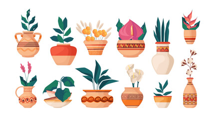 Scandinavian vases with plants. Group of ceramic pottery with flower bouquet, minimal cartoon clay pots with blooming houseplants botanical of plant in pot illustration