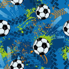 Abstract seamless chaotic pattern with soccer ball and urban geometric elements. Grunge neon texture background for guys. Football sport