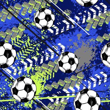 Abstract seamless football pattern. Grunge geometric textured print for sport textile, boy clothes, wrapping paper. Soccer ball and arrows repeats print.