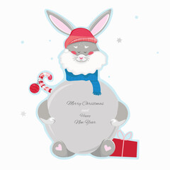 Symbol of the New Year 2023 bunny rabbit. Vector greeting card round template