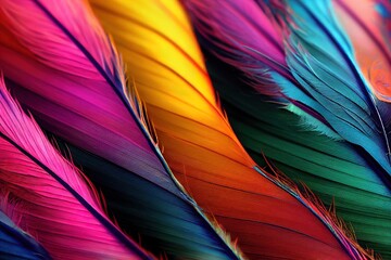  a close up of a multi colored feather with a black background and a white border around the feathers and the colors of the feathers.