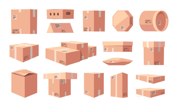 Closed cardboard boxes. Carton parcel cargo package, delivery paper containers shipping packaging mockups distribution concept. Vector isolated set of carton cargo parcel illustration