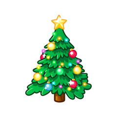Chrtistmas evergreen tree emoji  with garland isolated on white background