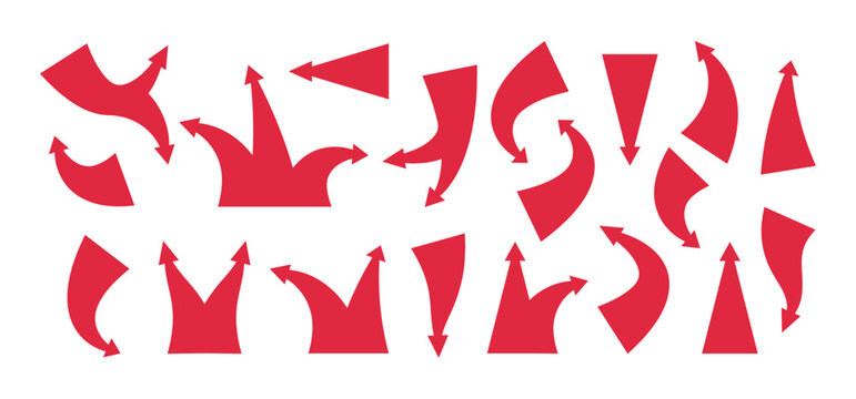 Red attack arrows. Cartoon pointer icons for map infographic design, flat simple forward back down up cursor tactic elements. Vector isolated set of pointer element silhouette illustration