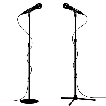 Silhouette of Stage Microphones With Round Base and Tripod Stands