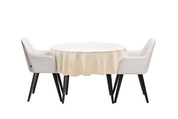 Round table with a cloth and two chairs