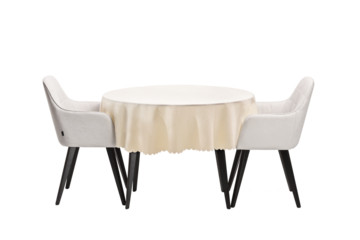 Round table with a cloth and two chairs
