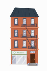 Modern pharmacy in the brick house, great design for any purposes. Cartoon vector illustration. Healthcare service.