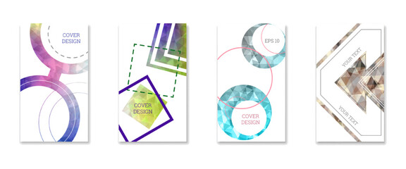 Cover design. Set of 4 covers. Imitation of crumpled paper. Unusual bright abstract background for magazine, book, splash, banner, vector. Imitation of crumpled paper