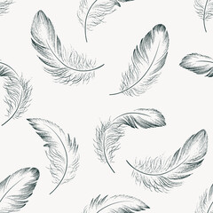 Seamless pattern of delicate feathers drawn in black ink. Texture brush and paint. Vector illustration