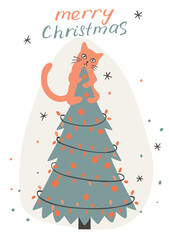 Christmas card with ginger cat sitting on top of the Christmas tree