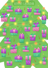 Fototapeta premium Advent calendar, green Christmas tree with lights, garland and pink, purple Christmas gifts with ornament and numbers. Merry Christmas poster. Holiday design, decor. Vector illustration.