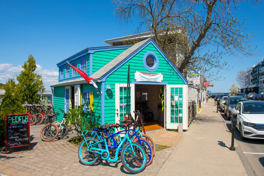 Pedego Electric Bikes store at 55 West Street near Main Street in historic town center of Bar Harbor, Maine ME, USA. 