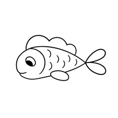 Sea fish. Black color outline isolated on white background. Cute cartoon fish. Hand drawn contour line icon. Sea animal pattern. Marine doodle. Sketch ocean fish. Pisce drawing. Vector illustration