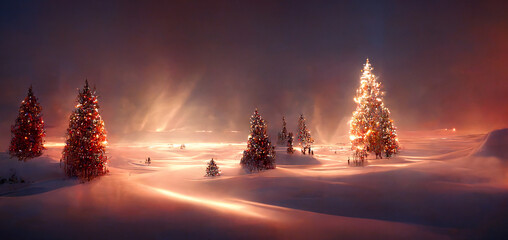 Kersttijd. Abstracte kunst van kerstbomen in winterlandschap. AI-gegenereerde afbeelding.